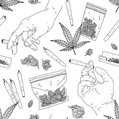 Vector seamless pattern with hands holding a cigarettes, bags with buds and cannabis leaves. Marijuana joint in a hand isolated on white background.