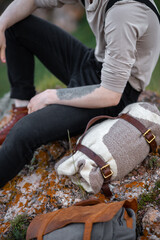 Fototapeta premium Close-up of hipster tourist with vintage plaid in his hands in nature