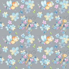 Cute childish seamless pattern with hand drawn cartoon elements. Background with butterflies and flowers for children.