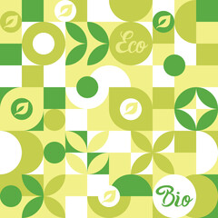 Bio label for ecological social projects, seamless pattern for green flowers eco packaging. Banner in natural style, mosaic of geometric white shapes.