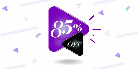 85% off limited special offer. Banner with eighty five percent discount on a white background with purple triangles and black