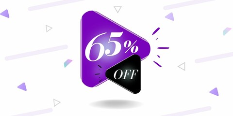 65% off limited special offer. Banner with sixty five percent discount on a white background with purple triangles and black