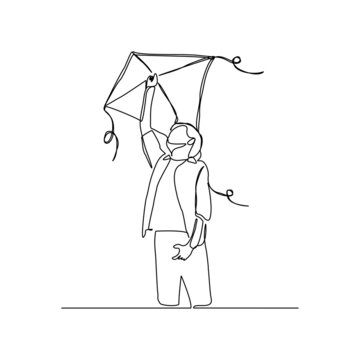 recommend clip art: Continuous single one line art drawing of boy kids playing kite vector illustration