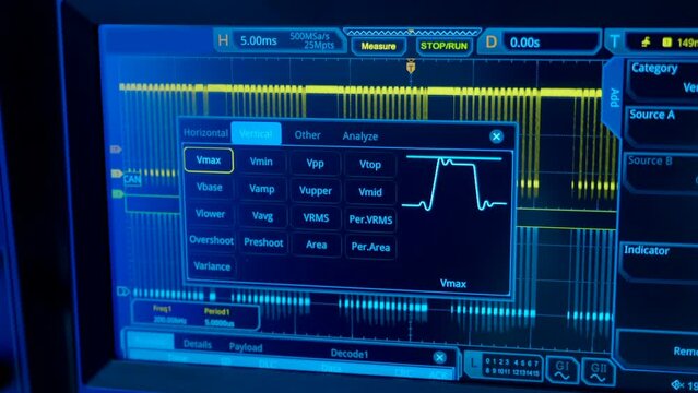 Sinusoid or harmonic oscillations with random amplitude on a graph on the screen of a device for scientific, industrial use for accurate measurement of various processes in chemistry, physics. Closeup