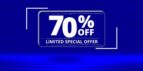 70% off limited special offer. Banner with seventy percent discount on a blue background with white square and blue