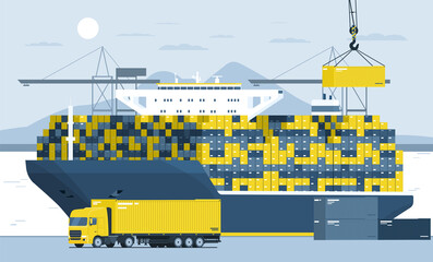 Loading containers on a truck in the port from a container ship. Vector illustration.