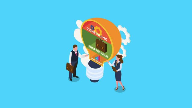 Two business people standing near the light bulb