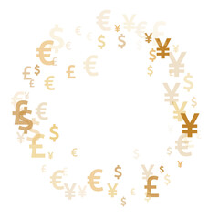 Euro dollar pound yen gold icons scatter currency vector background. Sale pattern. Currency icons