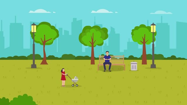 Woman use cellphone while push a stroller at park