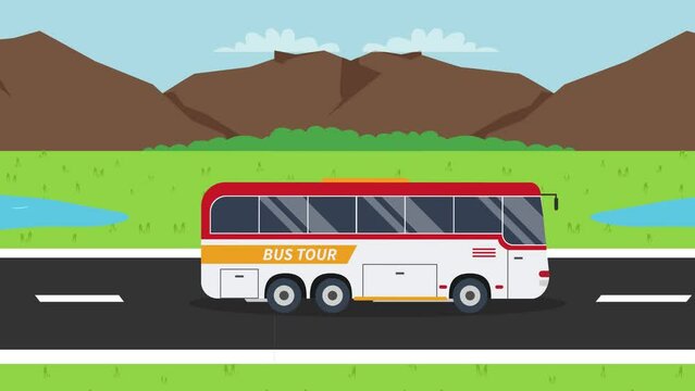 Bus tour driving on road with mountain background