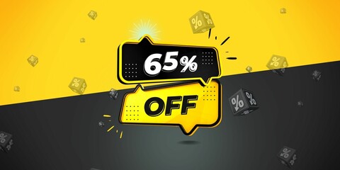 65% off limited special offer. Banner with sixty five percent discount on a  black and yellow background with yellow square and black