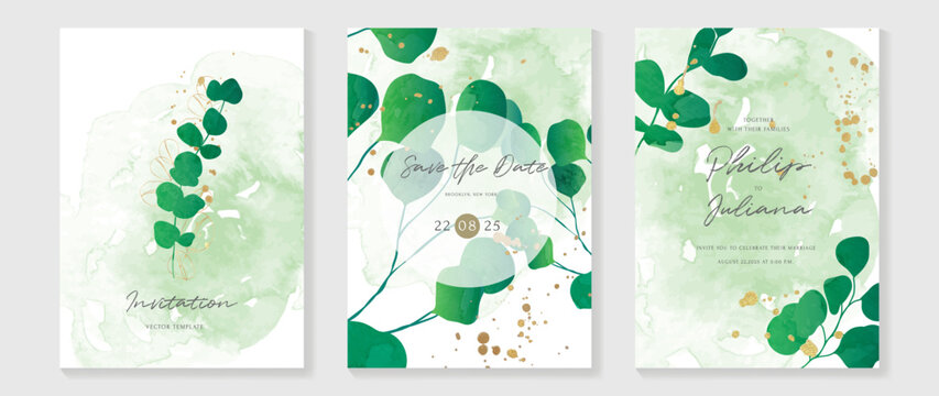 Luxury botanical wedding invitation card template. Green watercolor card with leaf branches, gold glitters, eucalyptus, foliage. Elegant garden vector design suitable for banner, cover, invitation.