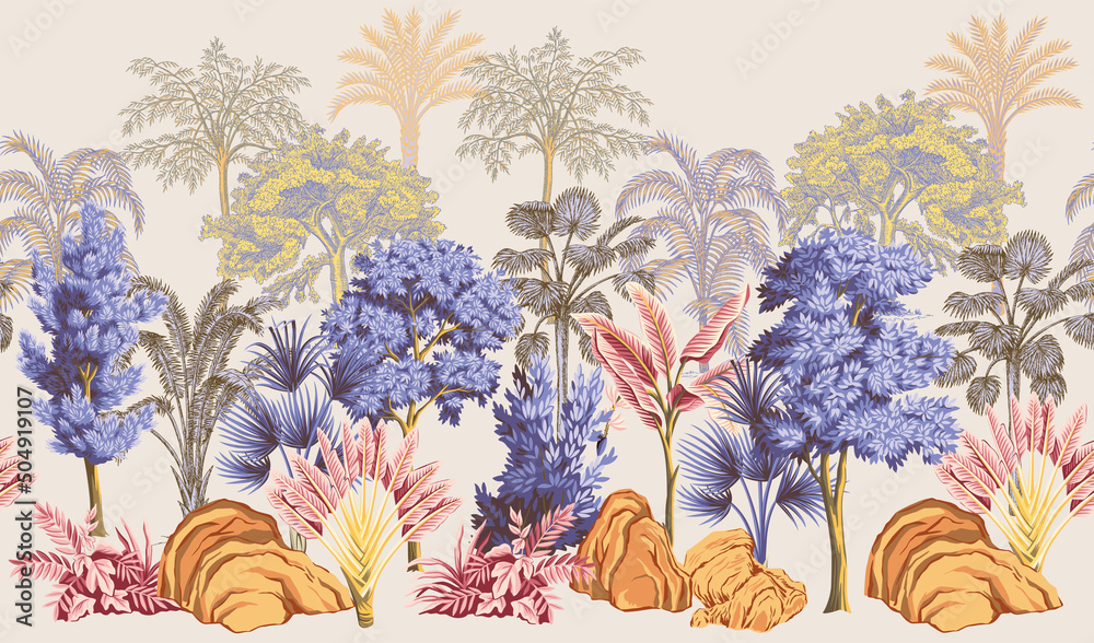 Poster tropical vintage landscape, rock, trees, palms, bush floral seamless border. jungle botanical mural.