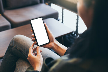 cell phone blank white screen mockup.hand holding texting using mobile on desk at office.background empty space for advertise.work people contact marketing business,technology