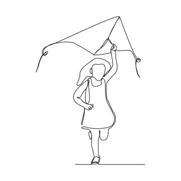 recommend clip art: Continuous single one line art drawing of girl kids playing kite vector illustration