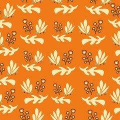 Hand drawn flowers, colorful vector seamless pattern. Abstract flowers with leaves. Scandinavian style cartoon floral texture. Wrapping paper, textile, background fill.