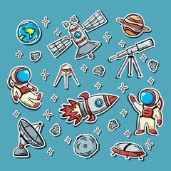Hand drawn sticker set with astronaut, satellite, rocket and planets in doodle style. Collection of hand drawn sticker outer space. © Alexander
