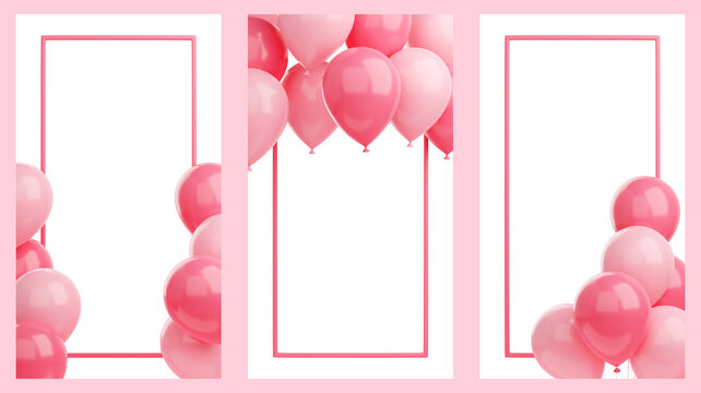 Congratulation banner with pink balloons and frame on white background - 3d render social media story for birthday or anniversary greetings.
