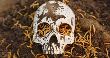 Maggots crawling in dead skull - 504920547