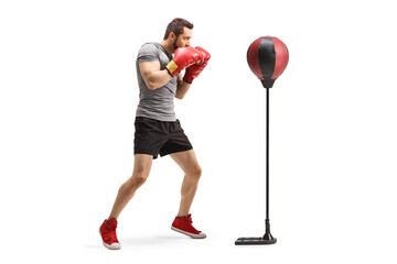 Full length profile shot of a boxer with red boxing gloves training with a free stand punch bag