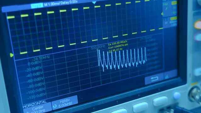 Sinusoid or harmonic oscillations with random amplitude on a graph on the screen of a device for scientific, industrial use for accurate measurement of various processes in chemistry, physics. Closeup