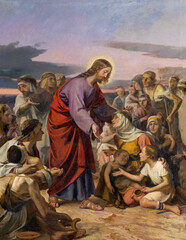 Fototapeta na wymiar VALENCIA, SPAIN - FEBRUAR 17, 2022: The painting of Jesus among the children in the church Basilica Sagrado Corazon from year 1897.