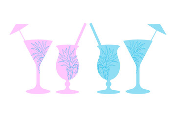 Cocktails summer silhouettes blue and pink with pineapple outline, hand drawn doodle, isolated, white background.
