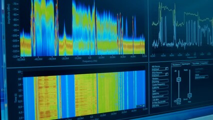 Spectrogram (spectrum analysis) on a graph on the screen of a device for scientific, industrial use for accurate measurement of various processes in chemistry, physics. Closeup