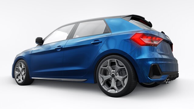 Berlin. Germany. May 12, 2022. Audi A1 S-line 2021. Compact urban premium car in a dark blue hatchback on a white isolated background. 3d rendering