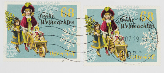 briefmarke stamp vintage retro alt old frohe weihnachten merry christmas 68 mädchen girl puppe...