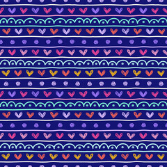 Seamless pattern with hand drawn stripes, hearts and dots. Vector ornament background. - 504924789