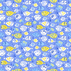 Seamless vector pattern with cute fishes in yellow and blue color palette. - 504924790