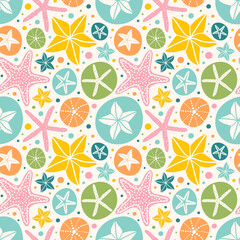 Seamless vector pattern with sea stars, shells and sand dollars in retro unisex palette. Great for baby shower, baby clothes textile, fabric, wallpaper in the nursery. - 504924791