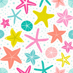 Seamless vector pattern with sea stars in trendy color palette. Great for textile, wrapping paper, wallpaper, baby shower. - 504924792