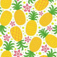Seamless pattern with pineapples and tropical flowers. Summer vector background.