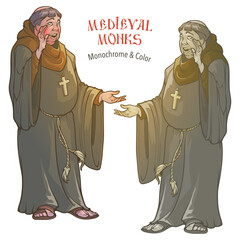 Fat monks talking and gesturing. Medieval gothic style character concept art. Color and monochrome drawing isolated on white background. EPS10 vector illustration