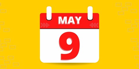 9th day of the calendar. Banner with nine on an yellow background with a white calendar