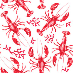 Watercolor pattern set of red sea lobsters and corals for summer  - 504925345