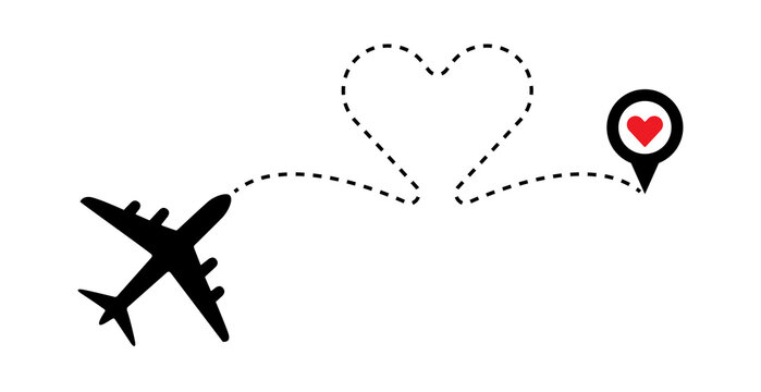 Love to travel concept illustration. Airplane with dotted line, map pin, red heart vector. Travel, transport concept illustration to use in tourism, summer holiday, business travel projects. 
