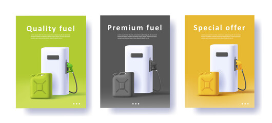 Set of Poster for gas station with fuel equipment and canisters 3d illustration. Vector illustration