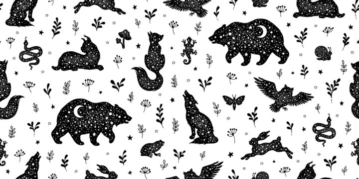 Forest animal pattern. Seamless vector woodland background. Animal pattern design. Wild nature illustration of fox wolf bear rabbit. Moon magic scandinavian print. Cute esoteric kid abstract wallpaper