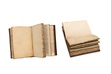 An open empty old notebook isolated on a white background.