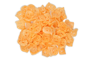 Crispy salted snacks on white background.