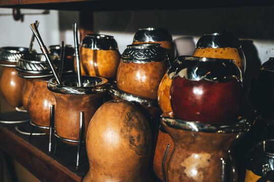 Set of gourd cups with silver rims