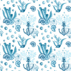 Naklejka premium Marine watercolor pattern with shells, corals, algae, anchor