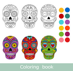 Day of the dead sugar skull isolated. Dia de los muertos. Coloring book page. Day of the dead and  mexican Halloween. Mexican tradition  festival.  Dia de los Muertos tattoo skulls set.