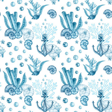 Marine watercolor pattern with shells, corals, algae, anchor