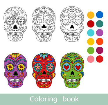 Day of the dead sugar skull isolated. Dia de los muertos. Coloring book page. Day of the dead and  mexican Halloween. Mexican tradition  festival.  Dia de los Muertos tattoo skulls set.