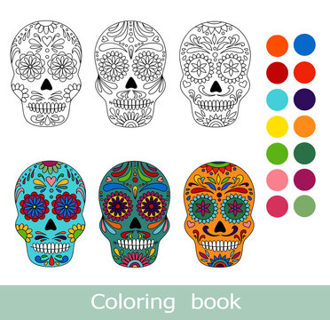 Day of the dead sugar skull isolated. Dia de los muertos. Coloring book page. Day of the dead and  mexican Halloween. Mexican tradition  festival.  Dia de los Muertos tattoo skulls set.