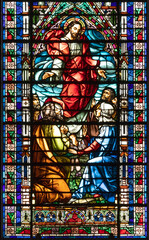 VALENCIA, SPAIN - FEBRUAR 17, 2022: The Ascension of the Lord in neo-gothic stained glass of ...